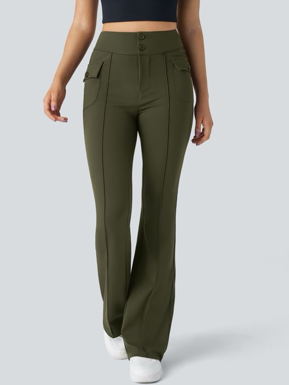 Halara High Waisted Side Flap Pocket Flare Casual Cargo Pants Olive Small EUC